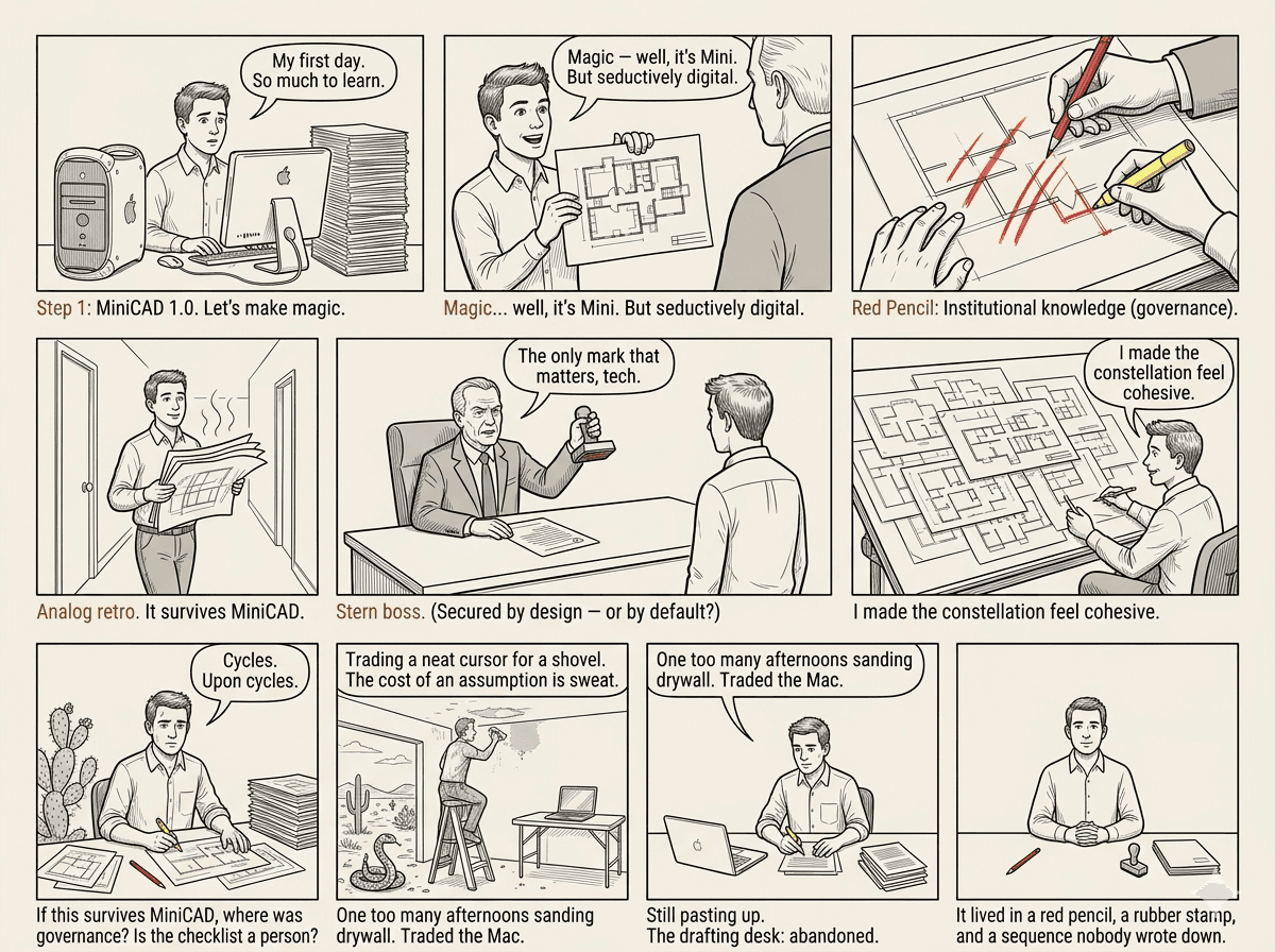 Eleven-panel editorial comic strip tracing the arc of redline cycles from a first job in architecture through two decades of platform changes. A red pencil, a rubber stamp, and a sequence nobody wrote down.